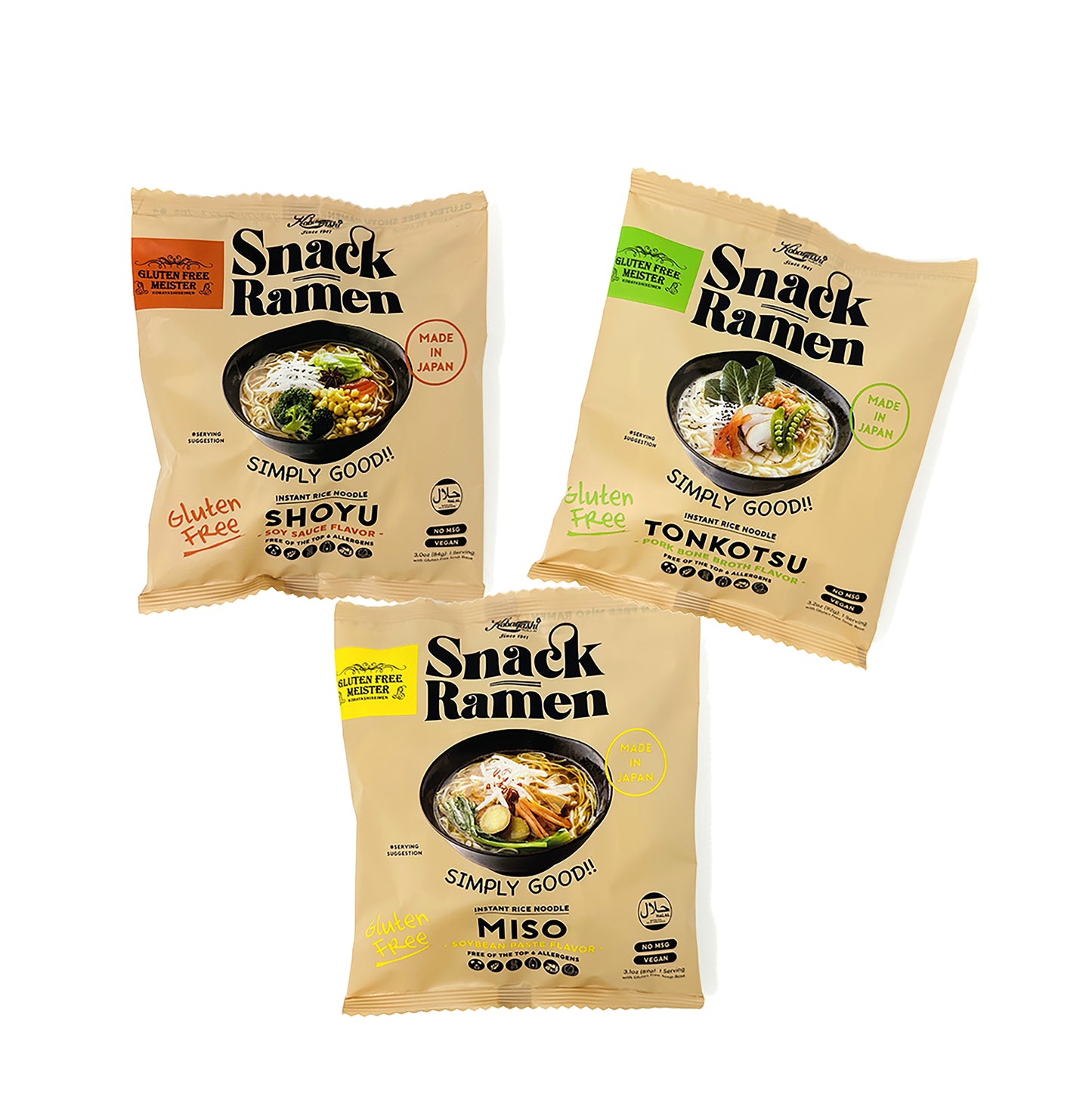 Snack Ramen-TONKOTSU, SHOYU, MISO Variety (6pk/Vegan/Vegetarian/Gluten Free)