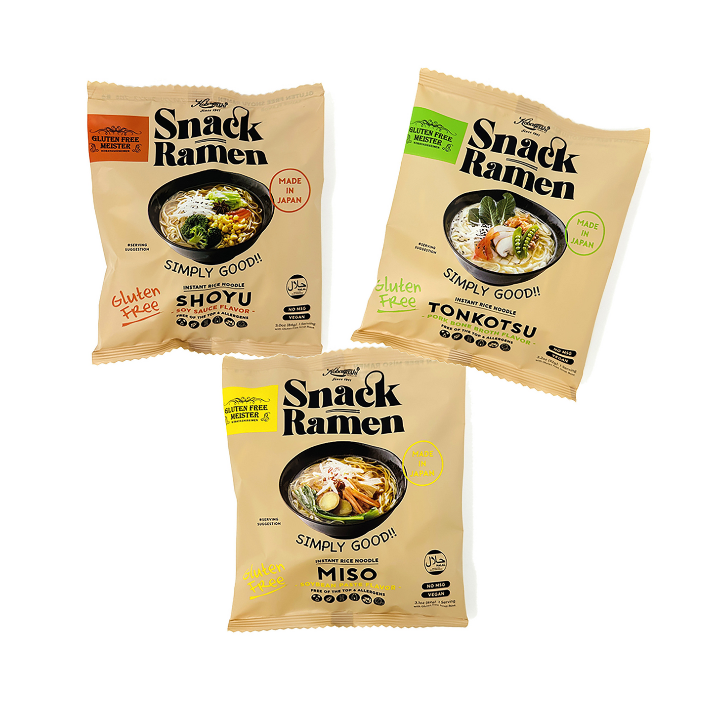 Snack Ramen-TONKOTSU, SHOYU, MISO Variety (6pk/Vegan/Vegetarian/Gluten Free)