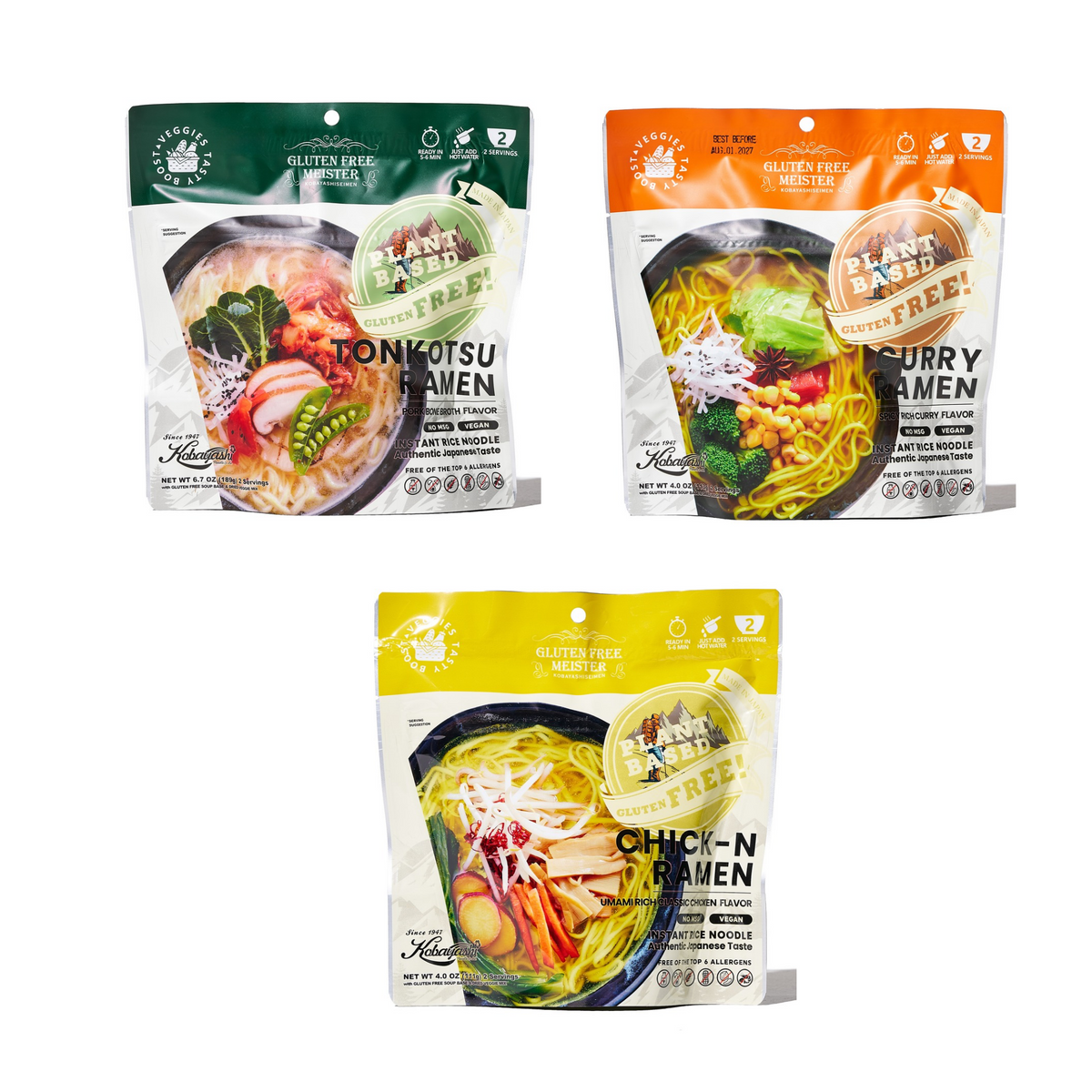 Outdoor Ramen-TONKOTSU, CURRY, CHICK-N Variety Pack 3pk (Vegan/Gluten Free/No MSG)