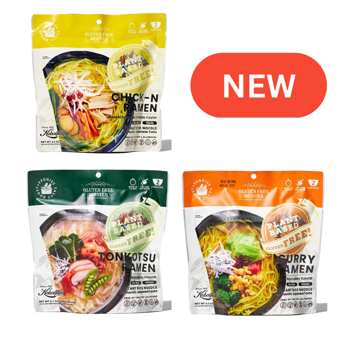 Outdoor Ramen-TONKOTSU, CURRY, CHICK-N Variety Pack 3pk (Vegan/Gluten Free/No MSG)